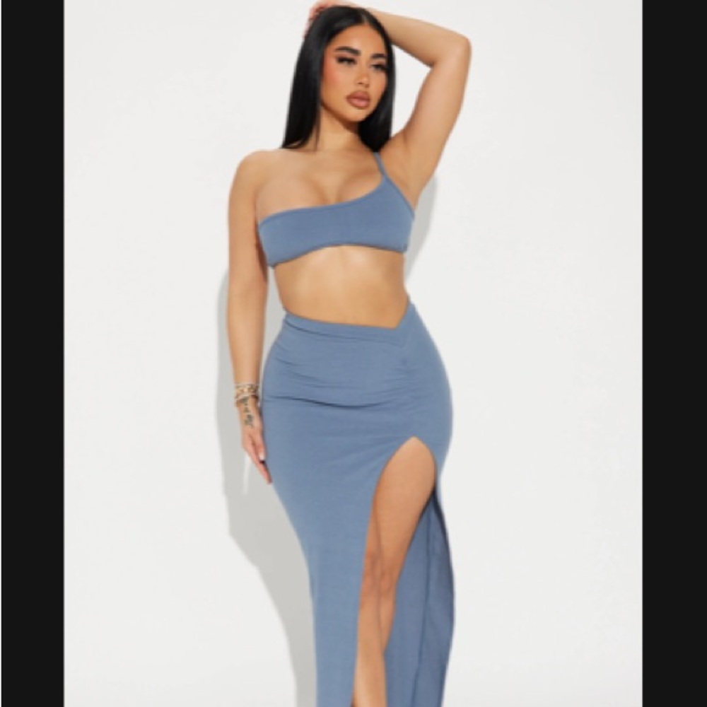 Blue One Shoulder Dress Set